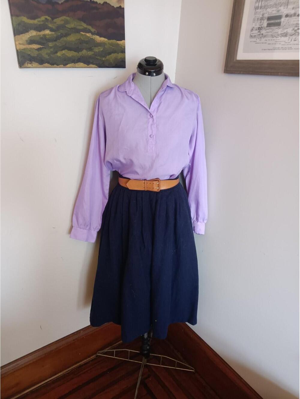 Vintage Purple 70s Blouse, Collared Light Weight Large Long Sleeve Shirt Sz 16